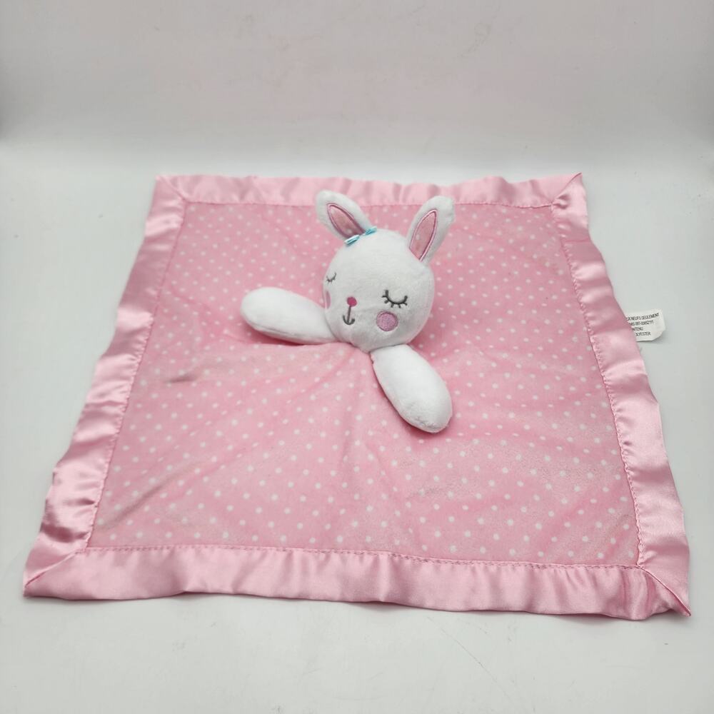 Circo Target White Bunny Lovey Security Plush 14x14 Pink Polka Dot Satin Trim